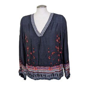 Desigual Top Women Large Black Beaded V Neck Top Long Sleeve Artsy Boho Colorful